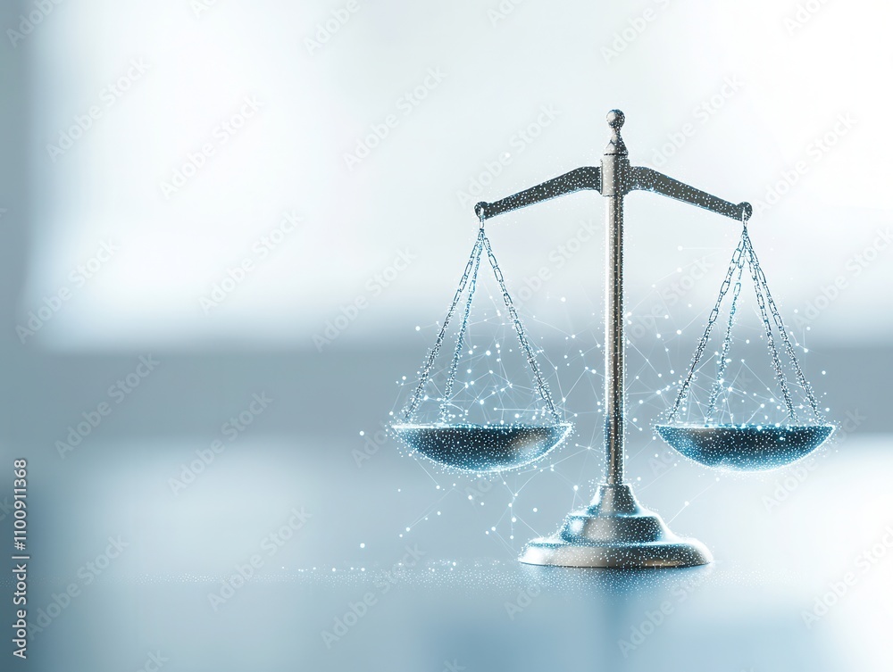 Poster a balanced scale symbolizing justice, set against a blurred background, evokes themes of fairness an