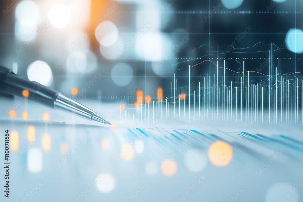 Poster a close-up of a pen on a document with financial graphs in the background, illustrating data analysi