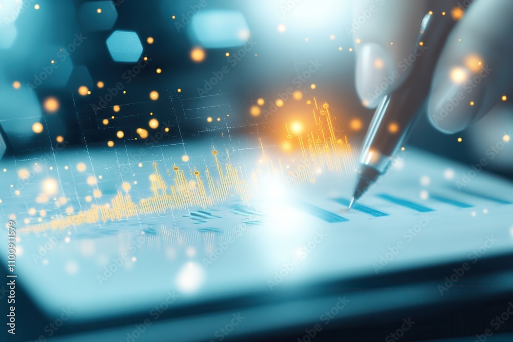 Poster A close-up of a hand writing on a digital tablet, featuring glowing data graphics, symbolizing technology and innovation in note-taking.