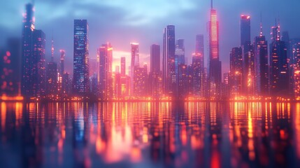 Fototapeta premium A futuristic cityscape with neon lights reflecting on the water.