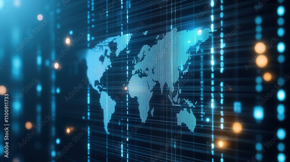 Aufkleber A digital representation of a world map with glowing blue elements, symbolizing connectivity and technology in a modern, data-driven environment.