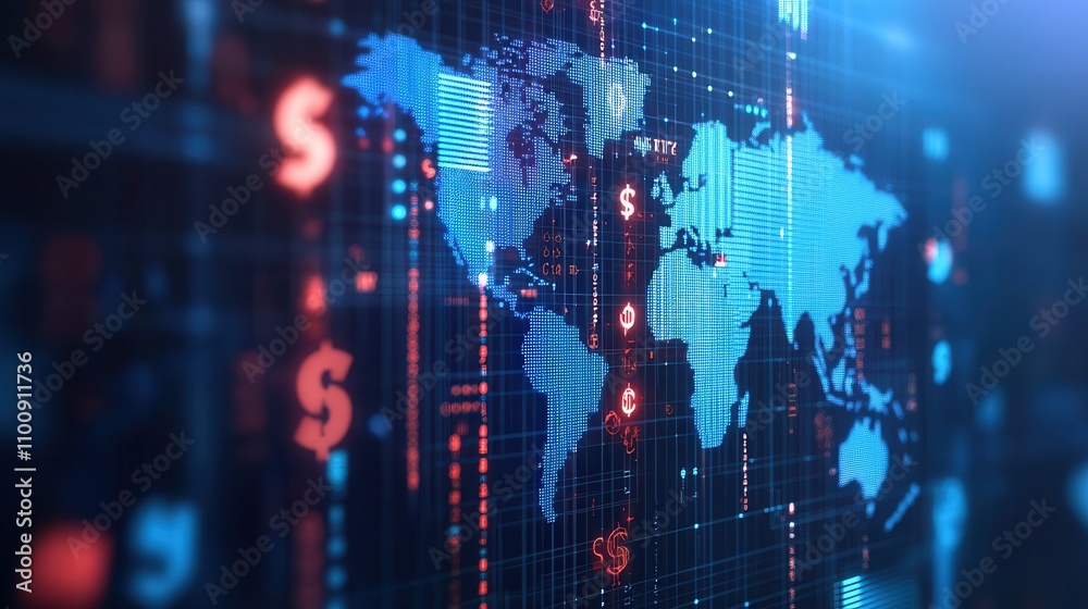 Poster a digital world map showcasing financial symbols, emphasizing global connectivity and technology in 