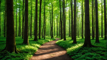 Fototapeta premium Lush green forest pathway illuminated by sunlight with vibrant foliage and trees
