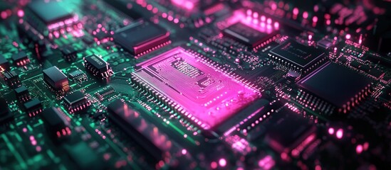 Obraz premium Close-up of a circuit board with a pink glowing processor.