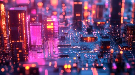 A futuristic city with glowing neon lights built on a circuit board, symbolizing the intersection of technology and urban life.