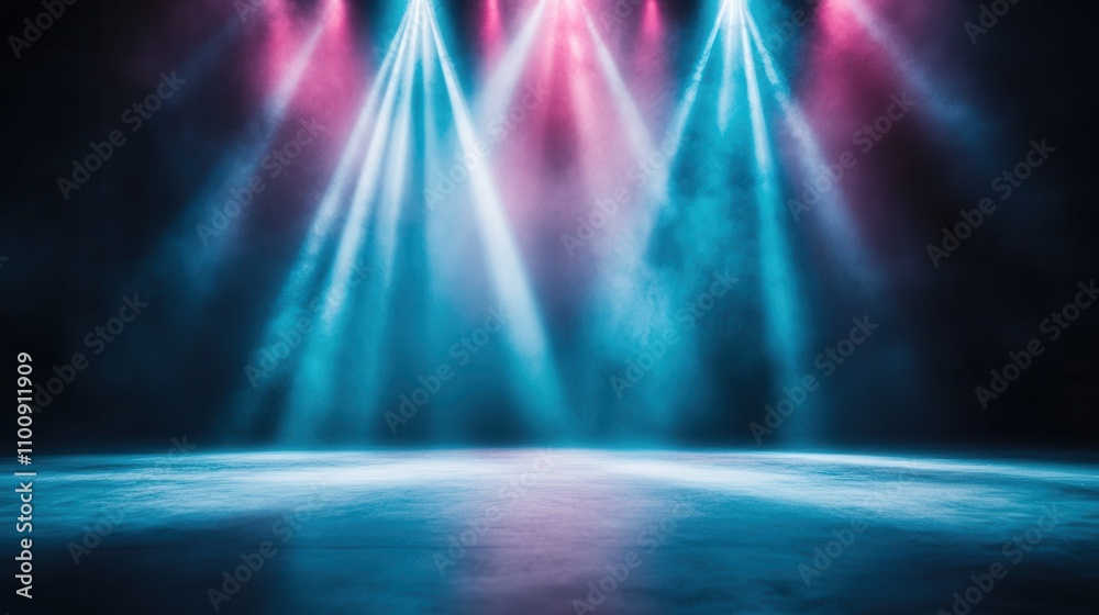 Poster a dark stage illuminated by colorful spotlights, creating a vibrant atmosphere with a misty ambiance