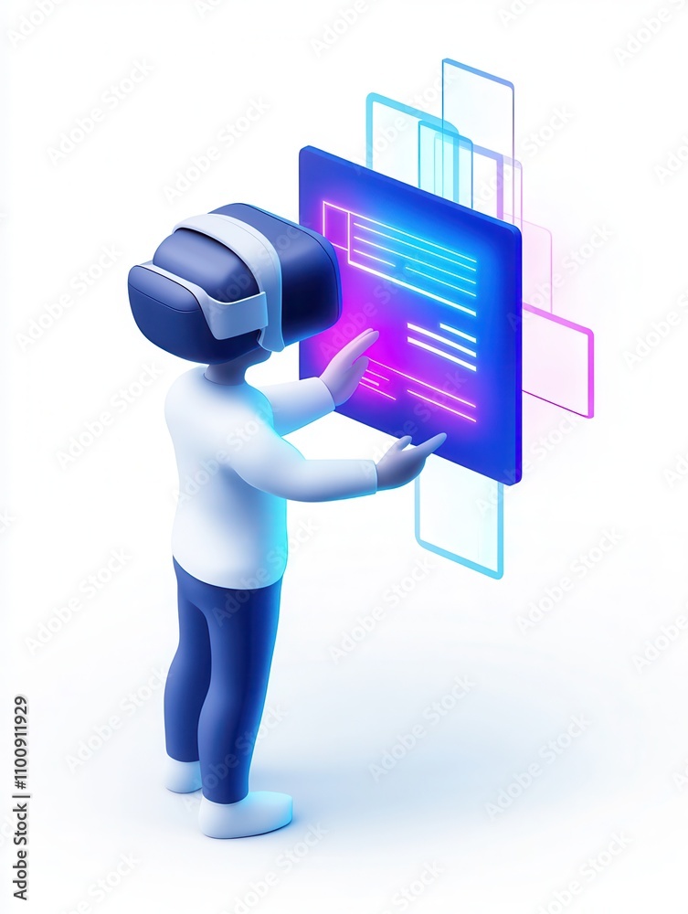 Poster a stylized figure wearing a vr headset interacts with a colorful digital interface, showcasing the i