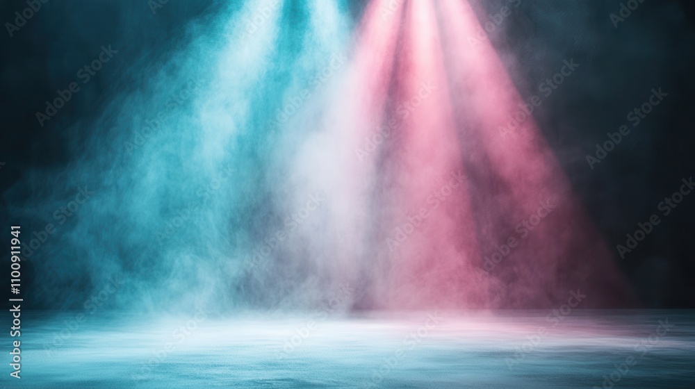 Poster a dramatic scene with blue and pink lights illuminating hazy smoke, creating a vibrant and atmospher