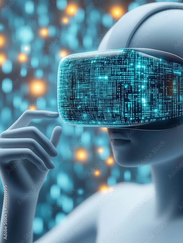 Poster a futuristic humanoid figure wearing a virtual reality headset, surrounded by glowing digital elemen