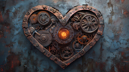 Biomechanical steampunk heart intricate gears and pistons glowing energy core fusion of organic and mechanical elements rusty patina finish. Biomechanical. Illustration