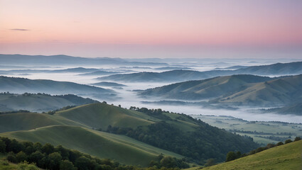 Obraz premium Mist-covered rolling hills at dawn with soft pastel colors in serene landscape