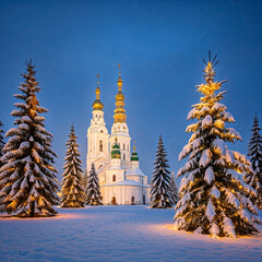 Fototapeta premium A majestic cathedral with golden domes stands tall in a snowy landscape, illuminated by the warm glow of streetlights