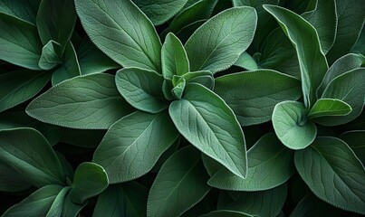 Obraz premium Fresh Green Sage Leaves Close-Up Botanical Background
