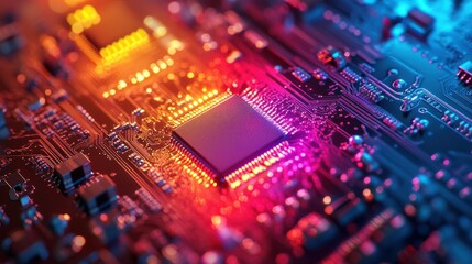 Obraz premium Close-up of a computer chip with colorful lights, highlighting technological advancements.