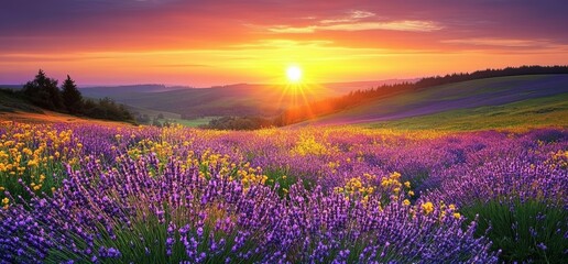 Naklejka premium Serene Sunset Over Lavender Field with Vibrant Purple Flowers and Rolling Hills