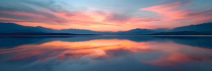 Breathtaking Sunset Over Tranquil Waters with Mountain Silhouettes and Vibrant Sky Reflections