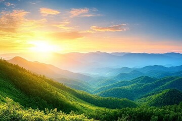 Fototapeta premium Lush Green Mountain Range at Sunrise with Serene Sky Transitioning from Blue to Orange