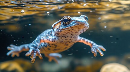 Fototapeta premium A swimming salamander represents the importance of biodiversity and the challenges posed by climate change.