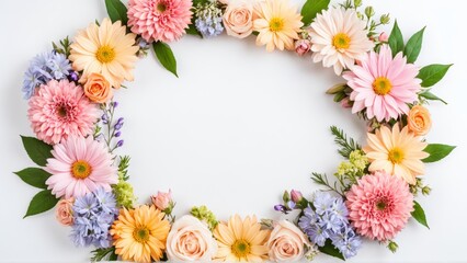 Obraz premium Vibrant floral wreath with colorful flowers and green leaves for spring celebrations