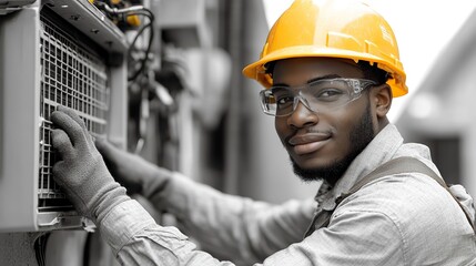 A technician repairs an air conditioner, emphasizing the importance of maintenance for energy efficiency and environmental health.