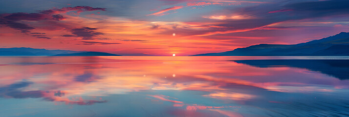 Obraz premium Breathtaking Sunset Over Tranquil Waters with Mountain Silhouettes and Vibrant Sky Reflections