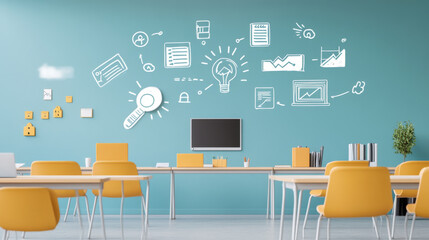 Naklejka premium modern classroom featuring bright orange chairs and blue wall adorned with educational graphics. space is designed for interactive learning and creativity