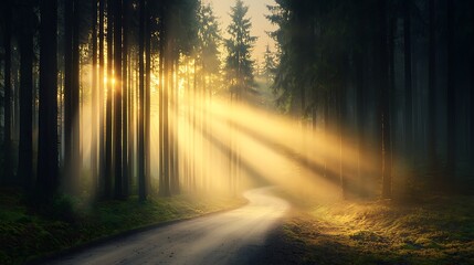 Fototapeta premium A dramatic visual of a path winding through a dense forest, starting from a clearing, inviting the viewer to reflect on the journey from nothing to exploration, with dappled sunlight creating 