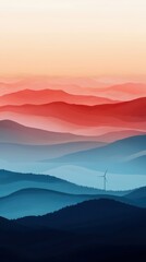 Obraz premium Epic Sunset Landscape Wind Turbine in Misty Mountains