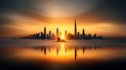 Naklejka premium A stunning aerial view of a city skyline at sunrise, with one building still under construction, symbolizing the evolution from nothing to a thriving metropolis, with the warm glow of the sun 