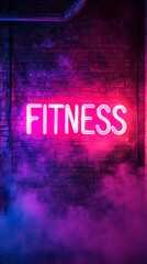 Neon Fitness Sign: A vibrant neon sign illuminates a brick wall, casting a pink and purple glow through wispy smoke. The word "FITNESS" stands out boldly, symbolizing energy, motivation.
