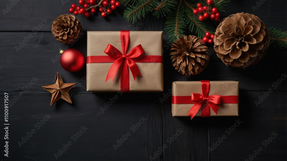 Wall mural a christmas gift with a red bow on a wooden background