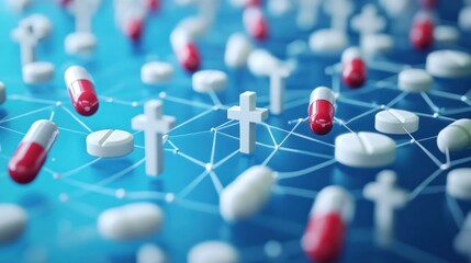 Network of pills and crosses, representing healthcare and faith.