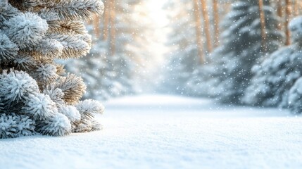 A serene winter landscape with snow-covered trees and a tranquil path.