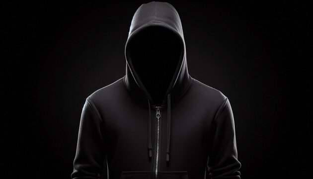 anonymous person in black hood and black background