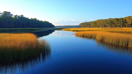 Fototapeta premium A tidal marsh reflects the unique ecosystem in a coastal region, showcasing the beauty of natural habitats.