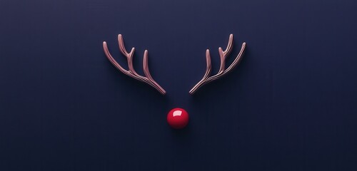 A minimalist-style sticker design featuring reindeer antlers and a red nose on a navy purple background. 
