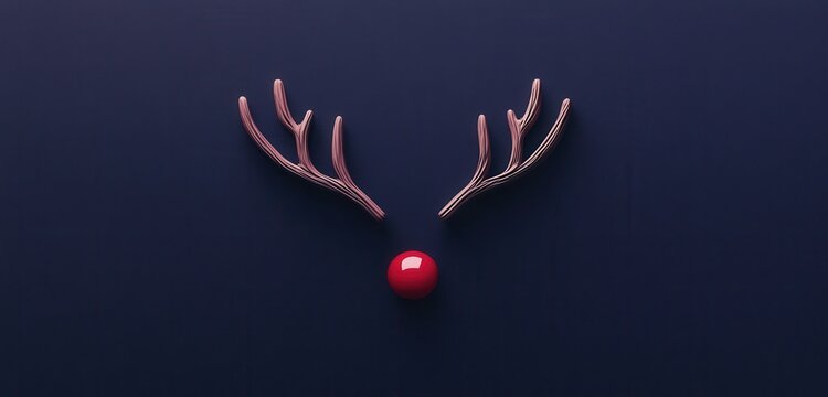 A minimalist-style sticker design featuring reindeer antlers and a red nose on a navy purple background. 