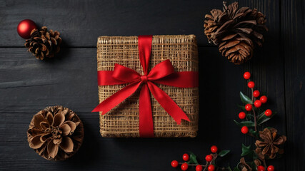 a christmas gift with a red bow on a wooden background