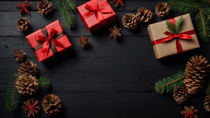 a christmas gift with a red bow on a wooden background