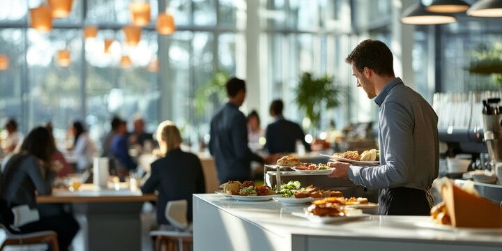 A well lit corporate cafeteria with employees networking over lunch