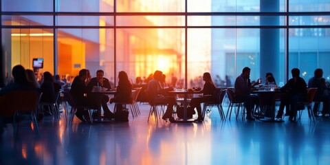 A well lit corporate cafeteria with employees networking over lunch