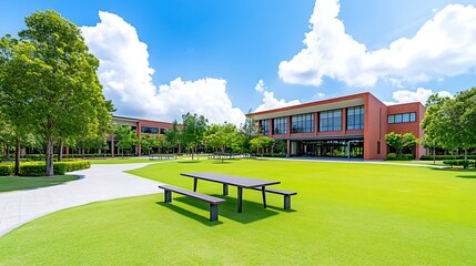 A green lawn with tables and benches in front of a building with a sky background.