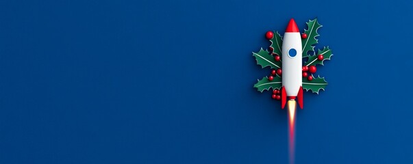 Elegant Rocket Decorated with Festive Holly Leaves - Minimalist Holiday Illustration Design