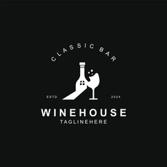 Wine house logo design cretive with drink glass and house template