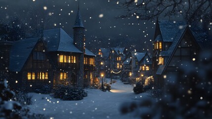 Fototapeta premium A Snowy Night in a Quaint Medieval Village