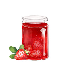 Glass jar with jam. Strawberry dessert. Hand drawn illustration