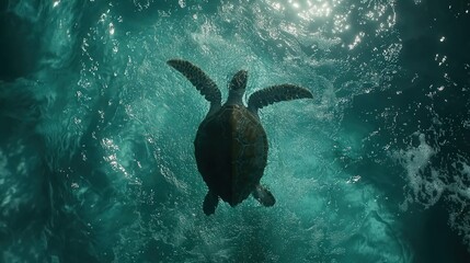 Naklejka premium Majestic sea turtle gracefully swimming underwater, viewed from above. Dark teal water shimmers with sunlight.