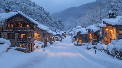 A serene winter village scene with snow-covered houses and warm lights at dusk.