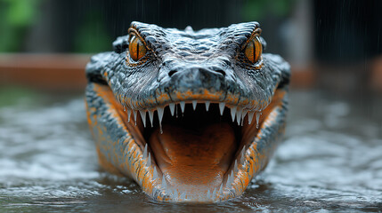 Obraz premium Fearsome and Dangerous: A Crocodile's Open Mouth in Water with Detailed Scales and Sharp Teeth