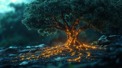 Fototapeta premium A tree of life formed by an electrical system illustrates the ongoing conflict between nature and technology.